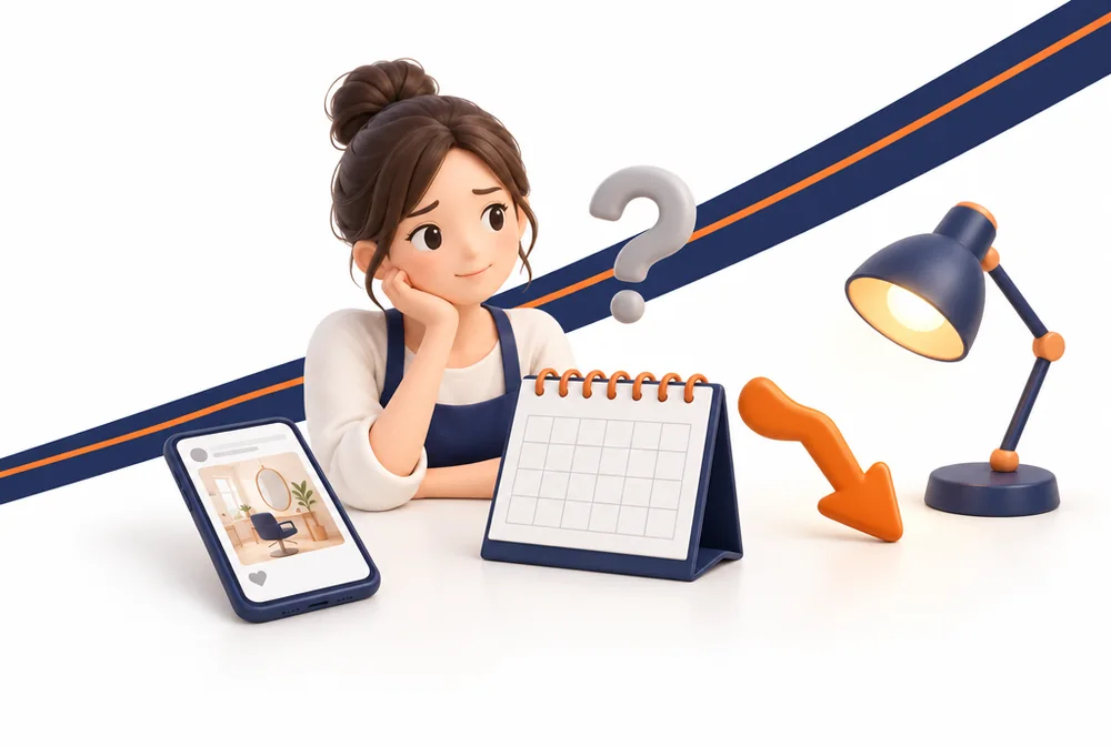 投稿しても反応が少ないスマホと、予約の入っていないカレンダーを前に考えこむオーナーのイラスト